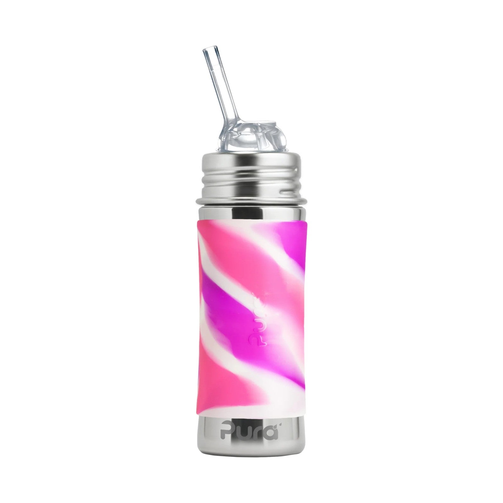 Pura rietjesfles Kiddo 325 ml met Pink Swirl sleeve